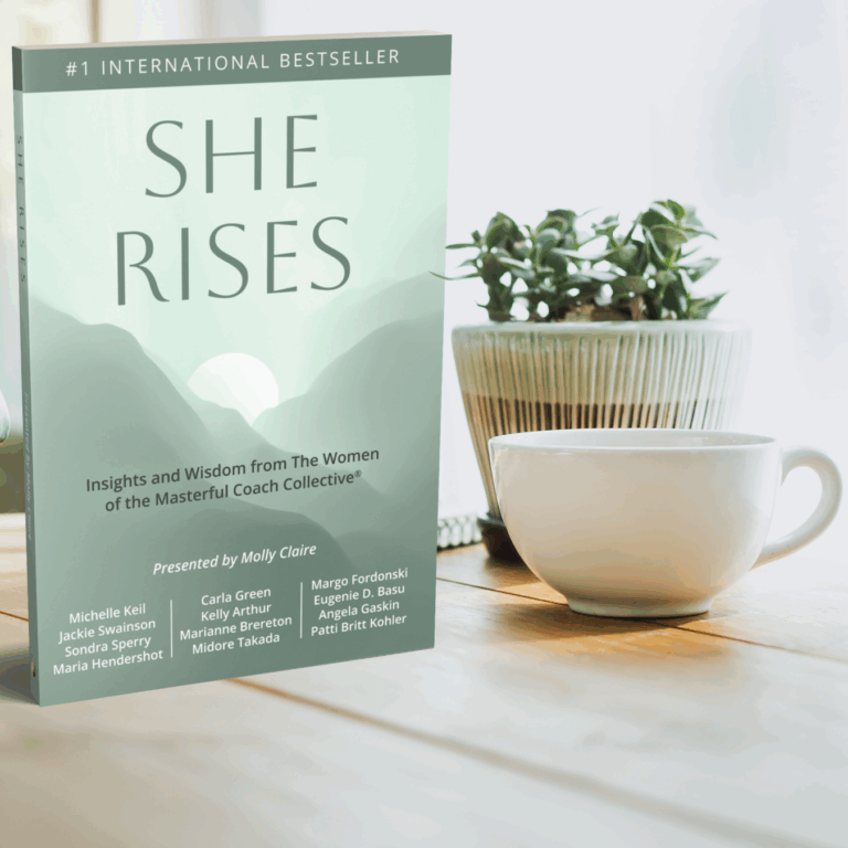 She Rises #1 International Bestselling Book, #1 in Canada, #1 in Australia, #2 in the UK sitting on a table with a plant and cup of tea